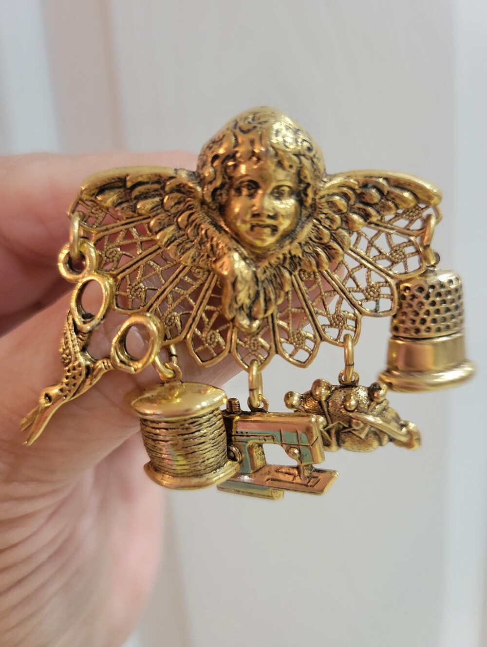 Vintage Look Angel Brooch with Sewing Seamstress Charms Angel Tie Tac Pins
